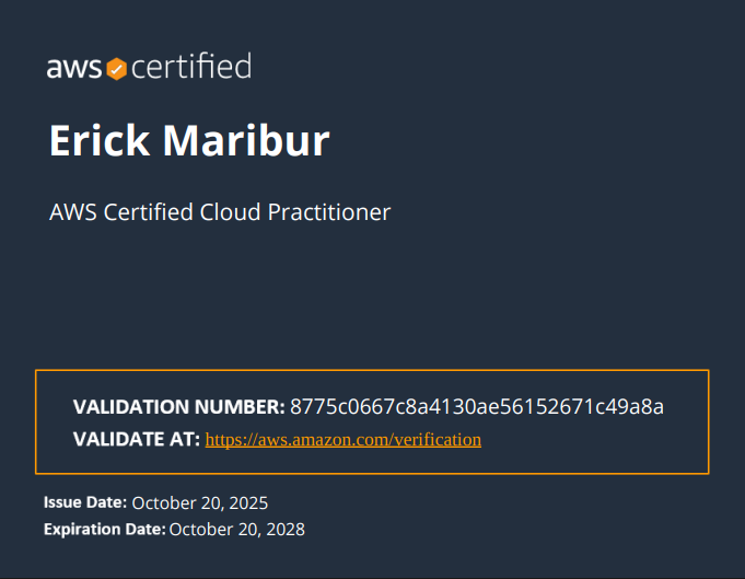 Erick Maribur certificado en AWS Cloud Practitioner